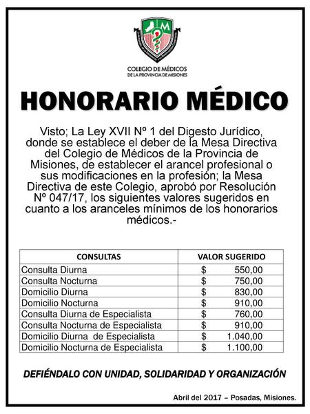 HONORARIO MÉDICO Visto; La Ley XVII Nº 1 del Digesto Jurídico, donde se establece el deber de la Mesa Directiva del Colegio de Médicos de la Provincia.