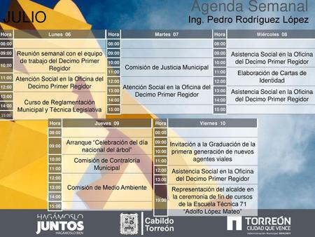 Agenda Semanal JULIO Ing. Pedro Rodríguez López Cabildo Torreón