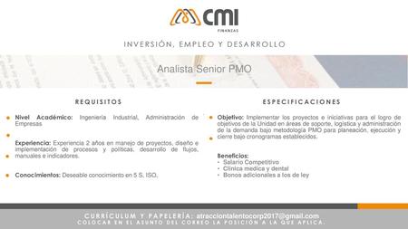 Analista Senior PMO INVERSIÓN, EMPLEO Y DESARROLLO REQUISITOS