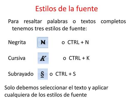 Estilos de la fuente Para resaltar palabras o textos completos tenemos tres estilos de fuente: Negrita o CTRL + N Cursiva o CTRL + K Subrayado o CTRL +