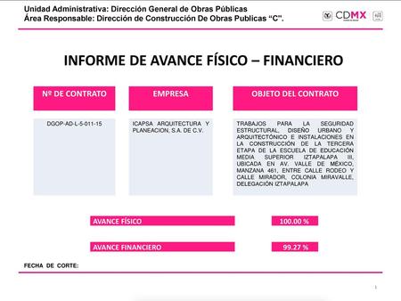 INFORME DE AVANCE FÍSICO – FINANCIERO