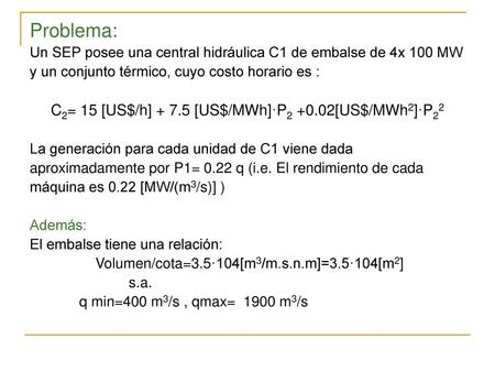 Problema: C2= 15 [US$/h] [US$/MWh]·P [US$/MWh2]·P22