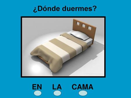 ¿Dónde duermes? EN LA CAMA.