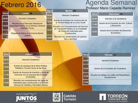 Agenda Semanal Febrero 2016 Profesor Mario Cepeda Ramirez Cabildo