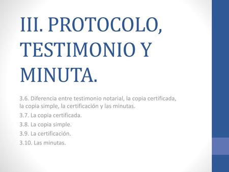 III. PROTOCOLO, TESTIMONIO Y MINUTA.