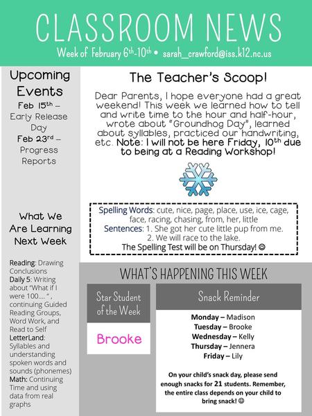 CLASSROOM NEWS Upcoming Events The Teacher’s Scoop!