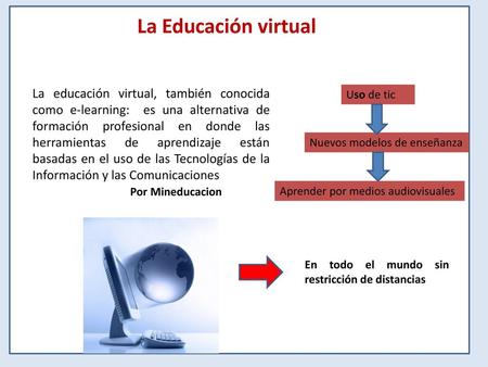 La Educación virtual La educación virtual, también conocida como e-learning: es una alternativa de formación profesional en donde las herramientas de.
