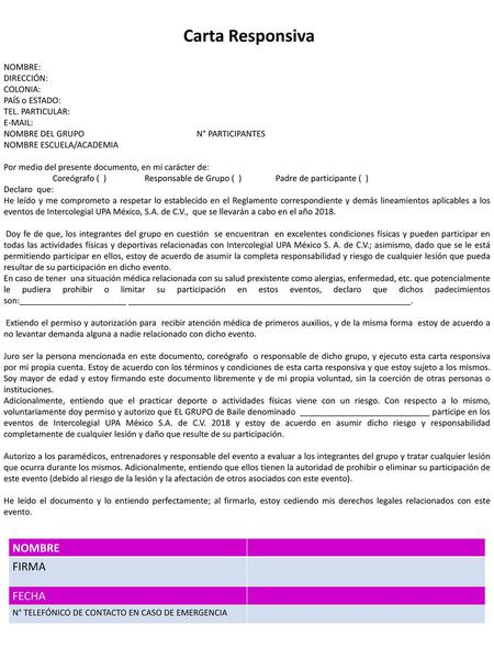 Carta Responsiva NOMBRE FIRMA FECHA NOMBRE: DIRECCIÓN: COLONIA: