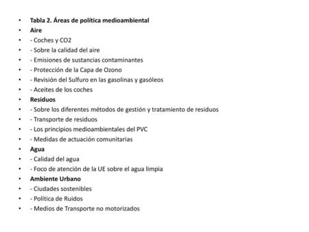 Tabla 2. Áreas de política medioambiental