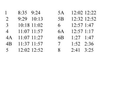 1	8:35 	9:24 	   	5A 	12:02 	12:22   2	9:29 	10:13 	   	5B 	12:32 	12:52   3	10:18 	11:02 	   	6 	12:57 	1:47   4	11:07 	11:57 	   	6A 	12:57 	1:17   4A	11:07 	11:27 	   	6B 	1:27 	1:47 
