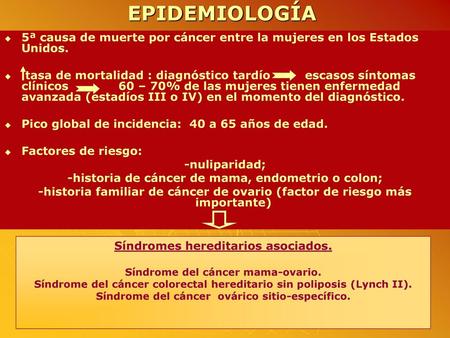 EPIDEMIOLOGÍA 5ª causa de muerte por cáncer entre la mujeres en los Estados Unidos. tasa de mortalidad : diagnóstico tardío escasos síntomas clínicos.