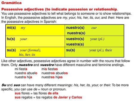 mi(s) my nuestro(s) our nuestra(s) tu(s) your vuestro(s) your (pl.)
