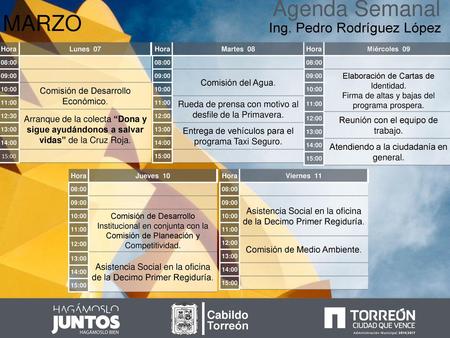 Agenda Semanal MARZO Ing. Pedro Rodríguez López Cabildo Torreón