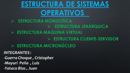 ESTRUCTURA DE SISTEMAS OPERATIVOS  ESTRUCTURA MONOLÍTICA  ESTRUCTURA JERÁRQUICA  ESTRUCTURA MAQUINA VIRTUAL  ESTRUCTURA CLIENTE-SERVIDOR  ESTRUCTURA.