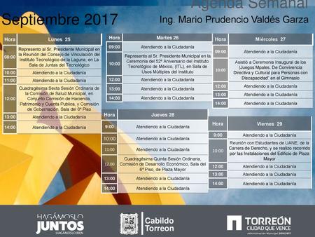 Agenda Semanal Septiembre 2017 Ing. Mario Prudencio Valdés Garza