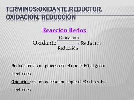 Terminos:oxidante,reductor, oxidación, reducción