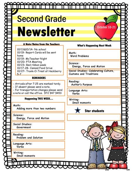 Newsletter Second Grade Star students October 10-21