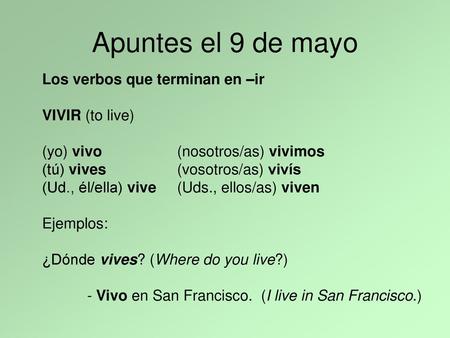 Apuntes el 9 de mayo Los verbos que terminan en –ir VIVIR (to live)