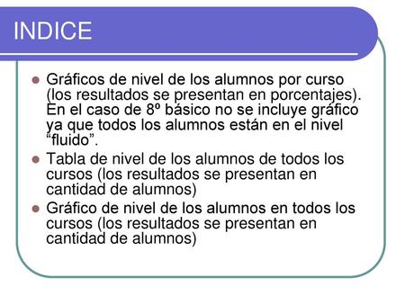 INDICE Gráficos de nivel de los alumnos por curso (los resultados se presentan en porcentajes). En el caso de 8º básico no se incluye gráfico ya que todos.