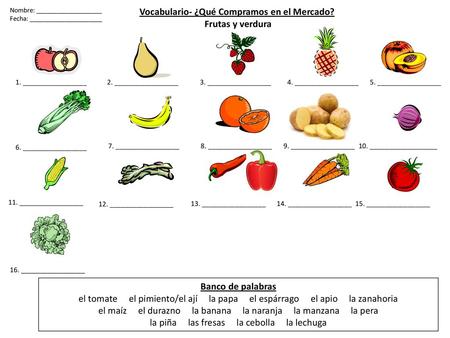 Frutas y verdura Banco de palabras