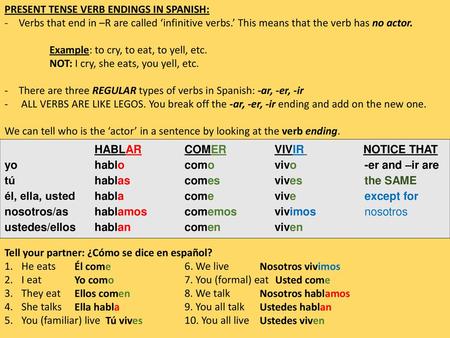 PRESENT TENSE VERB ENDINGS IN SPANISH: