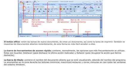 El botón office: están las tareas de nuevo documento, de crear un documento, así como la tarea de imprimir. También se muestras los documentos abiertos.