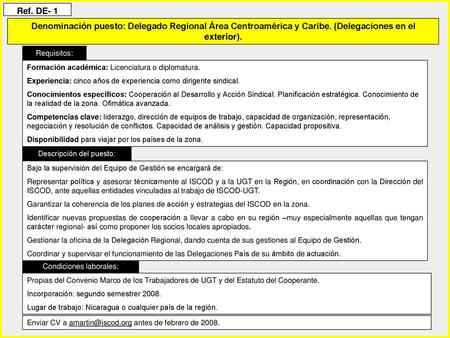 Ref. DE- 1 Denominación puesto: Delegado Regional Área Centroamérica y Caribe. (Delegaciones en el exterior). Requisitos: Formación académica: Licenciatura.