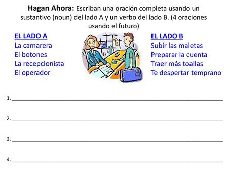 Hagan Ahora: Escriban una oración completa usando un sustantivo (noun) del lado A y un verbo del lado B. (4 oraciones usando el futuro) EL LADO A La camarera.