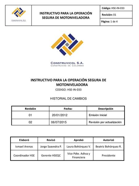 INSTRUCTIVO PARA LA OPERACIÓN SEGURA DE MOTONIVELADORA