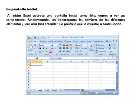 La pantalla inicial   Al iniciar Excel aparece una pantalla inicial como ésta, vamos a ver sus componentes fundamentales, así conoceremos los nombres de.