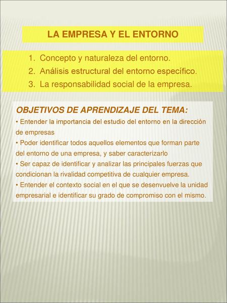 LA EMPRESA Y EL ENTORNO Concepto y naturaleza del entorno.