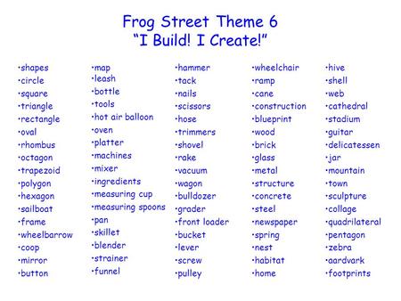 Frog Street Theme 6 “I Build! I Create!” shapes circle square triangle