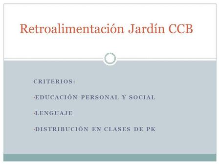 CRITERIOS: EDUCACIÓN PERSONAL Y SOCIAL LENGUAJE DISTRIBUCIÓN EN CLASES DE PK Retroalimentación Jardín CCB.