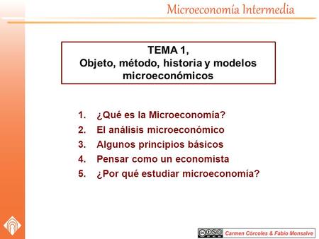 1.¿Qué es la Microeconomía? 2.El análisis microeconómico 3.Algunos principios básicos 4.Pensar como un economista 5.¿Por qué estudiar microeconomía? TEMA.