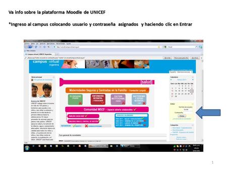 Va info sobre la plataforma Moodle de UNICEF *Ingreso al campus colocando usuario y contraseña asignados y haciendo clic en Entrar Va info sobre la plataforma.
