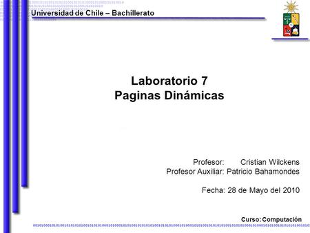 Laboratorio 7 Paginas Dinámicas Universidad de Chile – Bachillerato Curso: Computación Cristian Wilckens Patricio Bahamondes Fecha: 28 de Mayo del 2010.