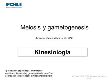 Meiosis y gametogenesis Professor: Verónica Pantoja. Lic. MSP. Kinesiologia IPCHILE DOCENTE:Veronica Pantoja S. 2014 Aprendizajes esperados: Comprender.
