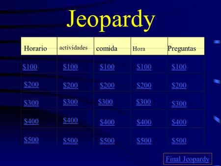 Jeopardy Horario actividades comida Hora Preguntas $100 $200 $300 $400 $500 $100 $200 $300 $400 $500 Final Jeopardy.