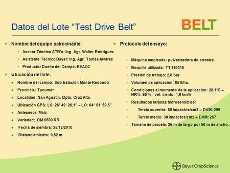 Datos del Lote “Test Drive Belt” ● Nombre del equipo patrocinante:  Asesor Técnico ATR’s: Ing. Agr. Walter Rodriguez  Asistente Técnico Bayer: Ing. Agr.