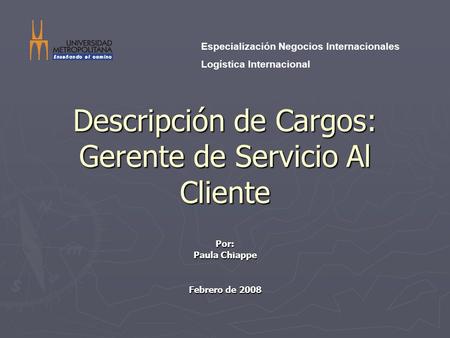 Descripción de Cargos: Gerente de Servicio Al Cliente