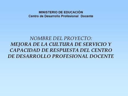 MINISTERIO DE EDUCACIÓN Centro de Desarrollo Profesional Docente NOMBRE DEL PROYECTO: MEJORA DE LA CULTURA DE SERVICIO Y CAPACIDAD DE RESPUESTA DEL CENTRO.