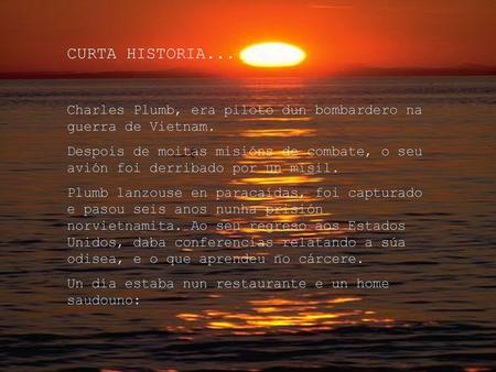 CURTA HISTORIA... Charles Plumb, era piloto dun bombardero na guerra de Vietnam. Despois de moitas misións de combate, o seu avión foi derribado por un.