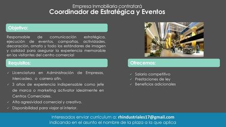 Empresa Inmobiliaria contratará Coordinador de Estratégica y Eventos