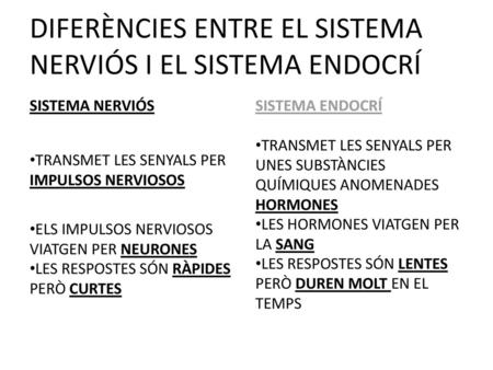 DIFERÈNCIES ENTRE EL SISTEMA NERVIÓS I EL SISTEMA ENDOCRÍ
