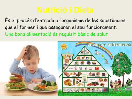 Nutrició i Dieta És el procés d’entrada a l’organisme de les substàncies que el formen i que asseguren el seu funcionament. Una bona alimentació és requisit.