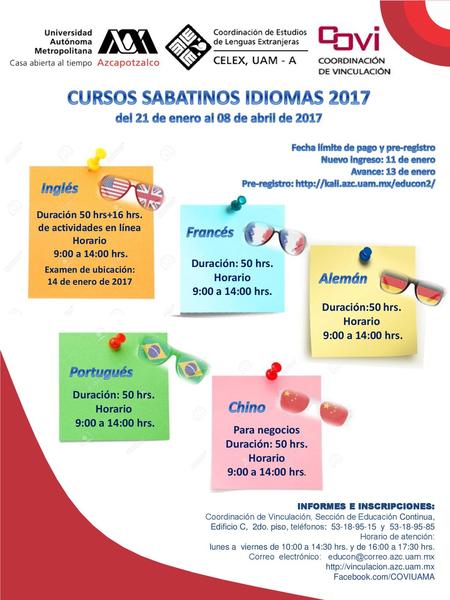 CURSOS SABATINOS IDIOMAS 2017 del 21 de enero al 08 de abril de 2017