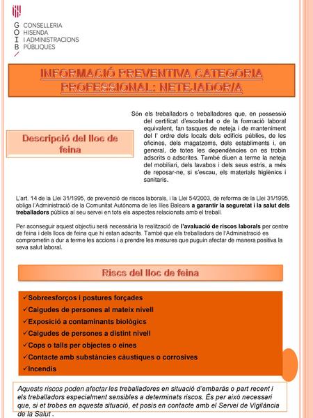 INFORMACIÓ PREVENTIVA CATEGORIA PROFESSIONAL: NETEJADOR/A
