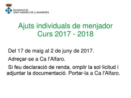 Ajuts individuals de menjador Curs