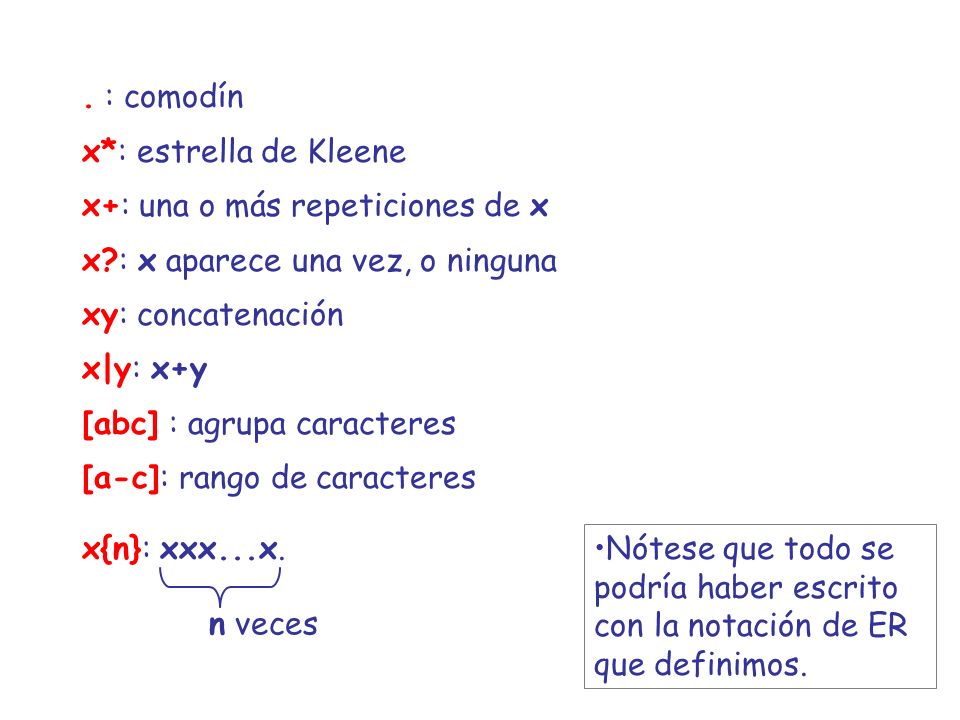 . : comodín x*: estrella de Kleene. x+: una o más repeticiones de x. x : x aparece una vez, o ninguna.