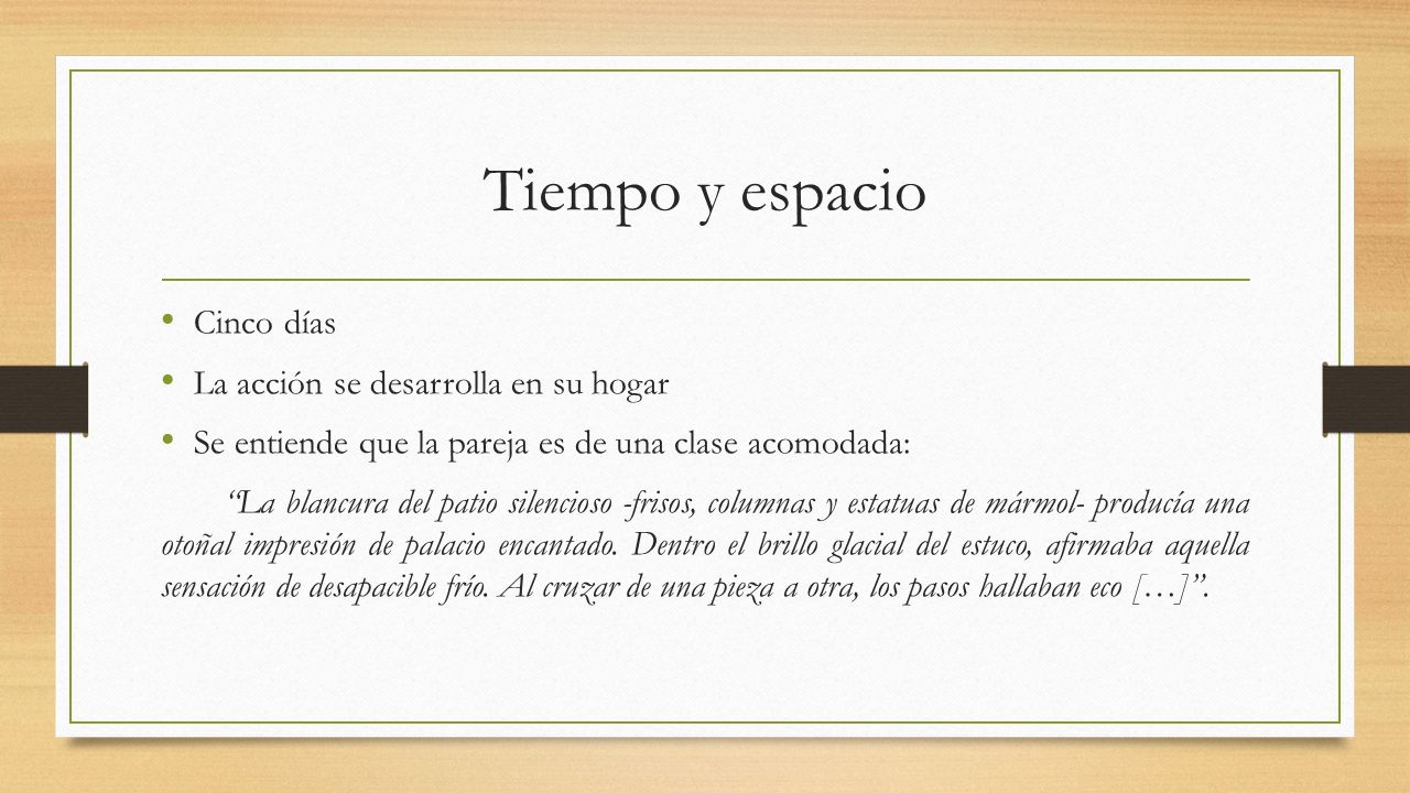 Tiempo y espacio Cinco días La acción se desarrolla en su hogar